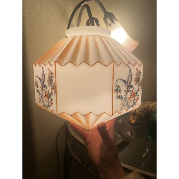 Vtg 30s Accordion Octagonal Frosted Orange‎ Birds Paradise Glass Swag Lamp Shade - Picture 2 of 16